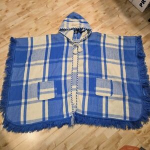 Tejidos Diaz Hooded Blanket Poncho Fringe Wool Blend Blue‎ Plaid Made in Ecuador